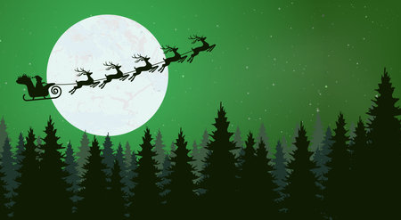 vector file showing a silhouette of Santa Claus with sled and reindeer over a forest with full moon, background colored greenのイラスト素材