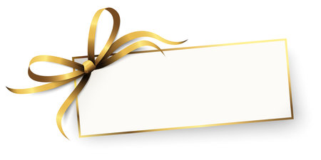 vector illustration of little white paper with shadow and free space for greetings and beautiful styled ribbon bow colored goldのイラスト素材