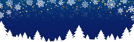 vector file showing a christmas panorama header with fall of snow and silhouette of forest trees, background colored blueのイラスト素材