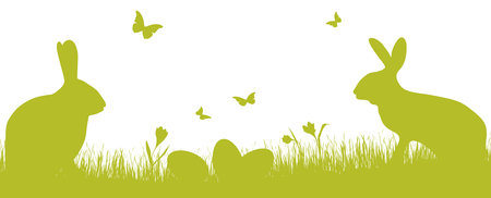 vector panorama illustration for easter time, happy background with green silhouette of a rabbits with eggs, grass, flowers. Spring time backdrop for celebration conceptsのイラスト素材