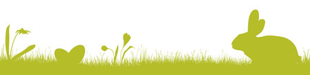 vector panorama illustration for easter time, happy background with green silhouette of a rabbits with eggs, grass, flowers. Spring time backdrop for celebration conceptsのイラスト素材