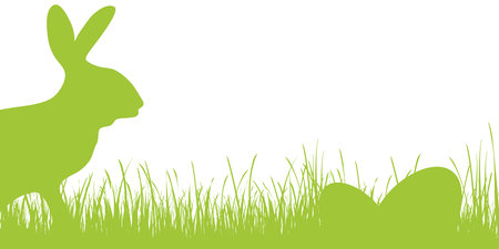 vector panorama illustration for easter time, happy background with green silhouette of a rabbits with eggs, grass, flowers. Spring time backdrop for celebration conceptsのイラスト素材