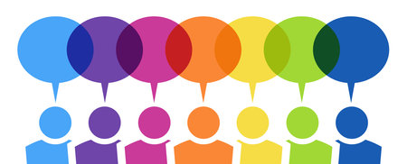 vector illustration of seven different colored team people with speech bubbles over their head and free space for textのイラスト素材