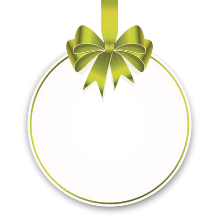 vector illustration of round cardboard hang tag with shadow and free space for greetings and beautiful styled ribbon bow colored greenのイラスト素材