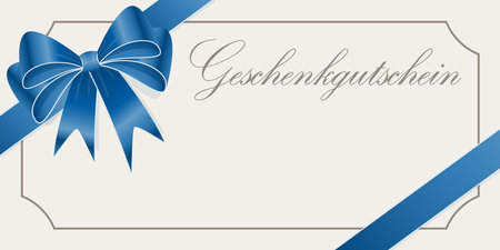 vector illustration of gift voucher (text in german) with blue colored satin band and ribbon bow and free space for textのイラスト素材