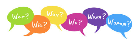 vector illustration of colored speech bubbles with text 'who how where what when why' in german, ask and answer conceptのイラスト素材