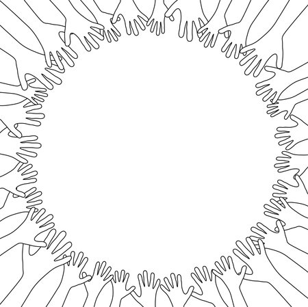 vector illustration of many people stretch their hands up in a circle symbolizing cooperation or diversity friendshipのイラスト素材