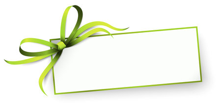 vector illustration of little white paper with shadow and free space for greetings and beautiful styled ribbon bow colored greenのイラスト素材