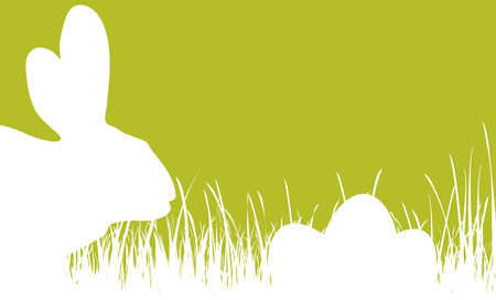 vector panorama illustration for easter time, happy background with green silhouette of a rabbits with eggs, grass, flowers. Spring time backdrop for celebration conceptsのイラスト素材