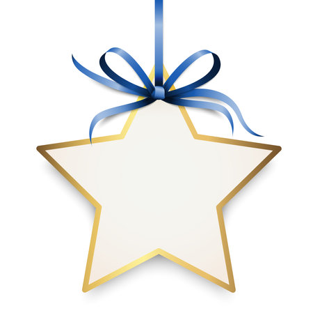 vector illustration of blue colored ribbon bow and gift band with shape of a golden star pendant for christmas greetings isolated on white backgroundのイラスト素材