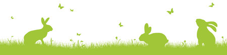 vector panorama illustration for easter time, happy background with green silhouette of a rabbits with eggs, grass, flowers. Spring time backdrop for celebration conceptsのイラスト素材