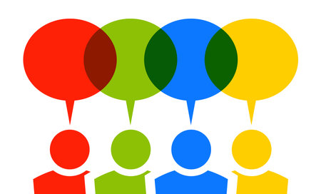 vector illustration of four different colored team people with speech bubbles over their head and free space for textのイラスト素材