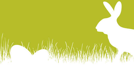 vector panorama illustration for easter time, happy background with green silhouette of a rabbits with eggs, grass, flowers. Spring time backdrop for celebration conceptsのイラスト素材