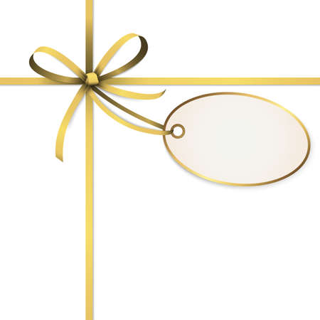 EPS 10 vector illustration of golden colored ribbon bow with hang tag and free text space isolated on white backgroundのイラスト素材