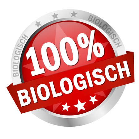 EPS 10 vector with round colored button with banner and text 100% organic (in german)のイラスト素材