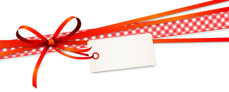 EPS 10 vector illustration of red colored ribbon bow and gift band with pendant isolated on white backgroundのイラスト素材
