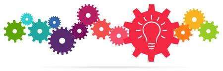 eps vector illustration of colored gears symbolizing cooperation or teamwork process with glowing light bulb for great solution ideaのイラスト素材
