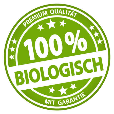 eps vector file. Round button for business and advertising usage, isolated on white background. With text 100% biological (German)のイラスト素材