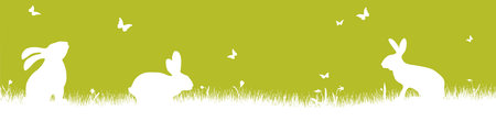vector panorama illustration for easter time, happy background with green silhouette of a rabbits with eggs, grass, flowers. Spring time backdrop for celebration conceptsのイラスト素材