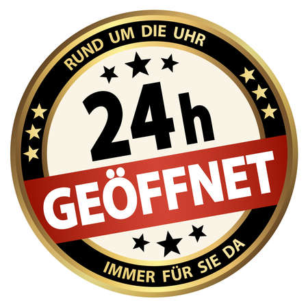 eps vector file. Round button for business and advertising usage, isolated on white background. With text open 24 hours (German)のイラスト素材