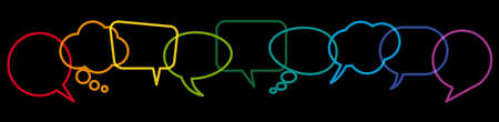 illustration of outlined colored speech bubbles in a row with space for text symbolizing communication process with white backgroundのイラスト素材