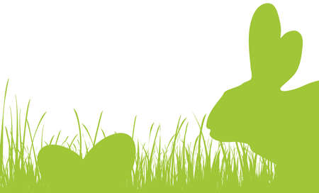vector panorama illustration for easter time, happy background with green silhouette of a rabbits with eggs, grass, flowers. Spring time backdrop for celebration conceptsのイラスト素材