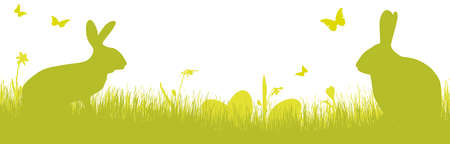 vector panorama illustration for easter time, happy background with green silhouette of a rabbits with eggs, grass, flowers. Spring time backdrop for celebration conceptsのイラスト素材