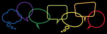 illustration of outlined colored speech bubbles in a row with space for text symbolizing communication process with white backgroundのイラスト素材