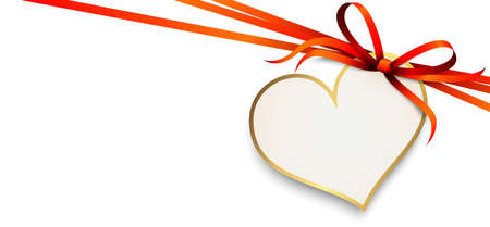 vector illustration of red colored ribbon bow and gift band with shape of a heart pendant for valentine love greetings isolated on white backgroundのイラスト素材