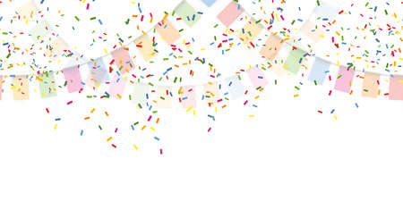 EPS 10 vector illustration of seamless colored happy garlands and confetti on white background for carnival party or birthday template usageのイラスト素材