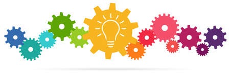 eps vector illustration of colored gears symbolizing cooperation or teamwork process with glowing light bulb for great solution ideaのイラスト素材