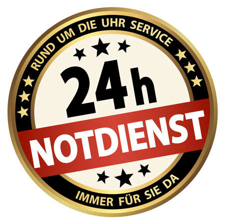 eps vector file. Round button for business and advertising usage, isolated on white background. With text 24 hours emergency service (German)のイラスト素材