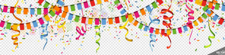 EPS 10 vector illustration of colored happy garlands, streamers and confetti on transparent background (transparency in vector file) for carnival party or birthday template usageのイラスト素材