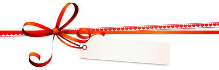 EPS 10 vector illustration of red colored ribbon bow and gift band with hearts and pendant isolated on white background for happy valentine or love conceptsのイラスト素材