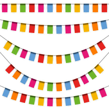 EPS 10 vector illustration of colored happy garlands on white background for carnival party or sylvester template usageのイラスト素材