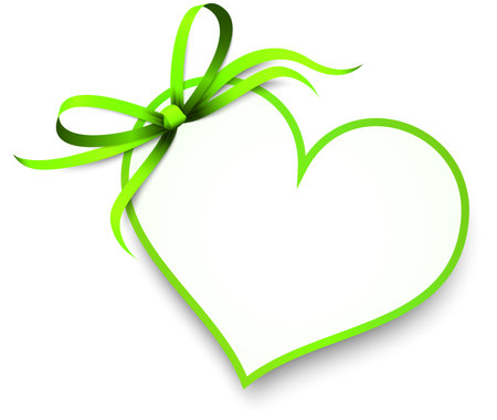 EPS 10 vector illustration of green colored ribbon bow and gift band with shape of a heart pendant for valentine love greetings isolated on white backgroundのイラスト素材