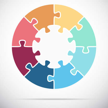 eps vector illustration of round colored puzzle symbolizing cooperation or teamwork process with white base, eight options ideaのイラスト素材