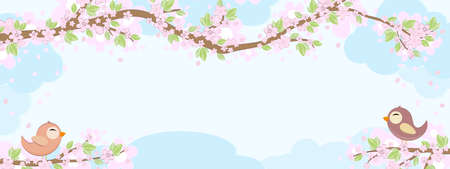 File with red and blue colored birds in love sitting on branches with blossoms and green leaves in spring time, background with sky and light cloudsのイラスト素材