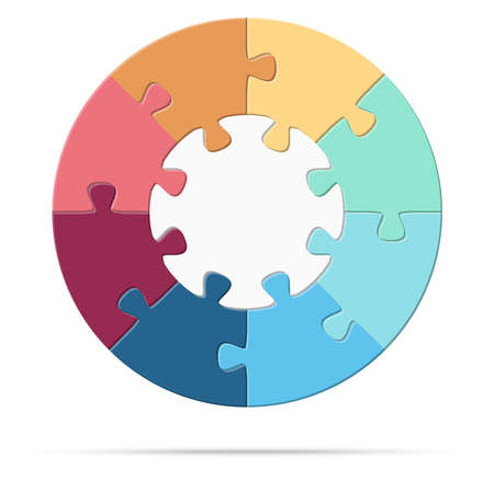 eps vector illustration of round colored puzzle symbolizing cooperation or teamwork process with white base, eight options ideaのイラスト素材
