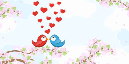 File with red and blue colored kissing birds in love sitting on branches with blossoms and green leaves in spring time, background with sky and light cloudsのイラスト素材