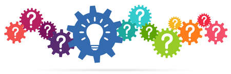 Illustration of colored gears symbolizing cooperation or teamwork process with question marks and glowing light bulb for great solution ideaのイラスト素材