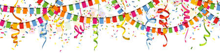 Illustration of seamless colored happy garlands, confetti and streamers on white background for carnival party or birthday template usageのイラスト素材