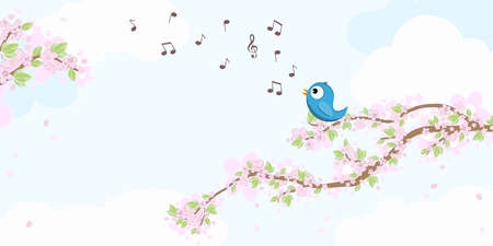 eps vector file with blue colored bird in love, sitting on branches with blossoms and green leaves in spring time, singing with musical notes, background with sky and light cloudsのイラスト素材