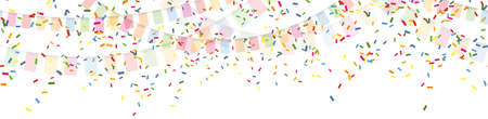 Illustration of seamless colored happy garlands and confetti on white background for carnival party or birthday template usageのイラスト素材