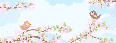 eps vector file with red and blue colored birds in love sitting on branches with blossoms and green leaves in spring time, background with sky and light cloudsのイラスト素材