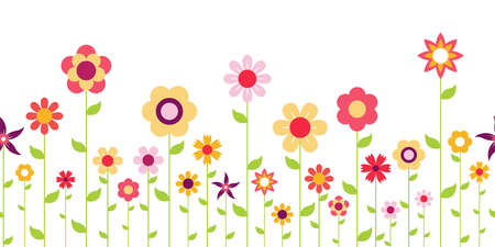 seamless background with happy flowers on bottom side for spring time in different colors for easter and fresh conceptsのイラスト素材