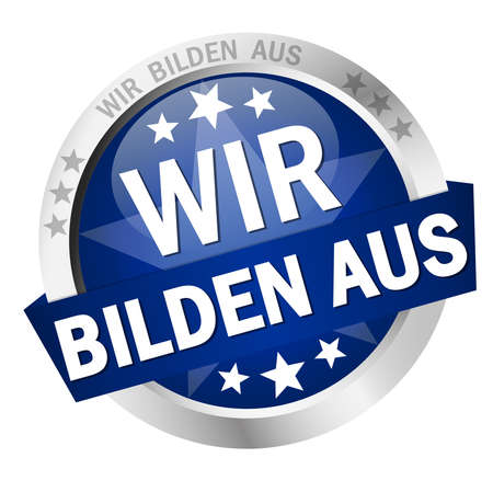 round colored button with banner and text we educate (in german)のイラスト素材