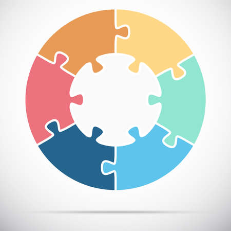 eps vector illustration of round colored puzzle symbolizing cooperation or teamwork process with white base, six options ideaのイラスト素材