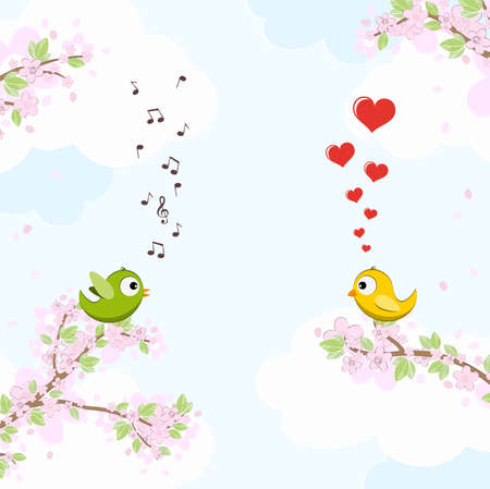 eps vector file with green and yellow colored singing and dreaming birds in love sitting on branches with blossoms and green leaves in spring time, background with sky and light cloudsのイラスト素材