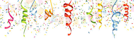 vector illustration of seamless colored happy garlands, confetti and streamers on white background for carnival party or birthday template usageのイラスト素材